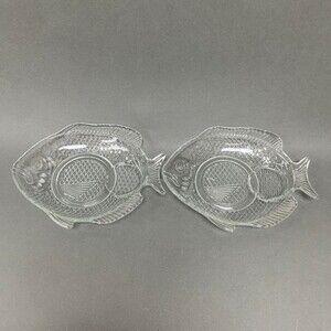 Seafood Cocktail Server Plates Fish Clear Glass 8 1/2" Lot of 2 Brazil